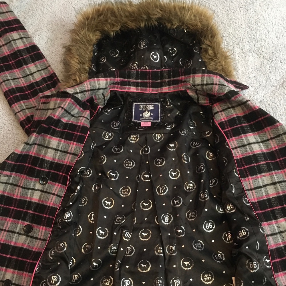 Y2K~PINK Victoria’s Secret Pink Plaid wool coat M - Picture 4 of 9